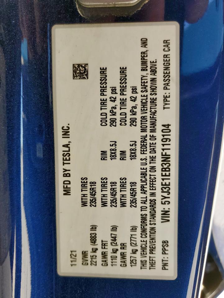 2022 Tesla Model 3 VIN: 5YJ3E1EB3NF119104 Lot: 91830345