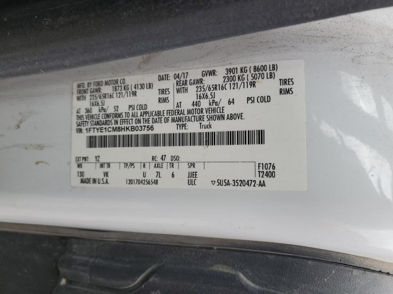 2017 Ford Transit T-150 Delivery Van VIN: 1FTYE1CM8HKB03756 Lot: 87193815