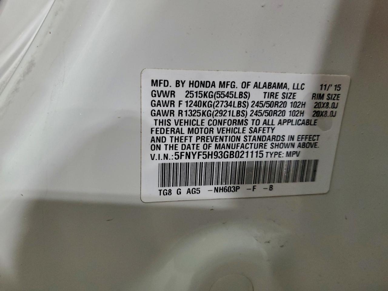 2016 Honda Pilot Touring VIN: 5FNYF5H93GB021115 Lot: 93711575