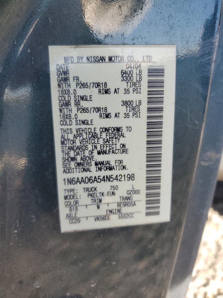 2004 Nissan Titan Xe VIN: 1N6AA06A54N542198 Lot: 90619095
