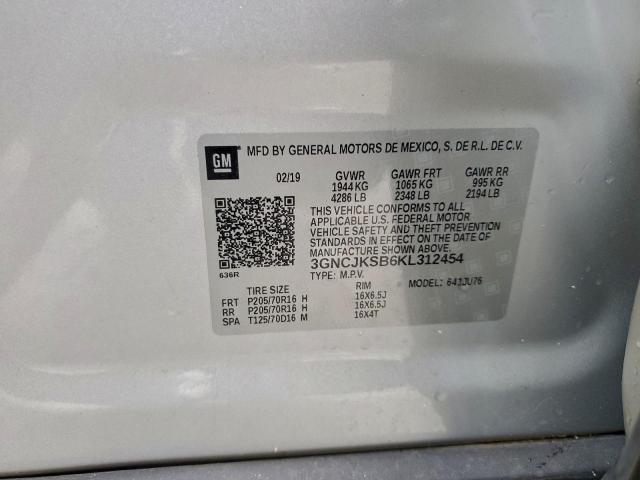 2019 Chevrolet Trax Ls VIN: 3GNCJKSB6KL312454 Lot: 92673855