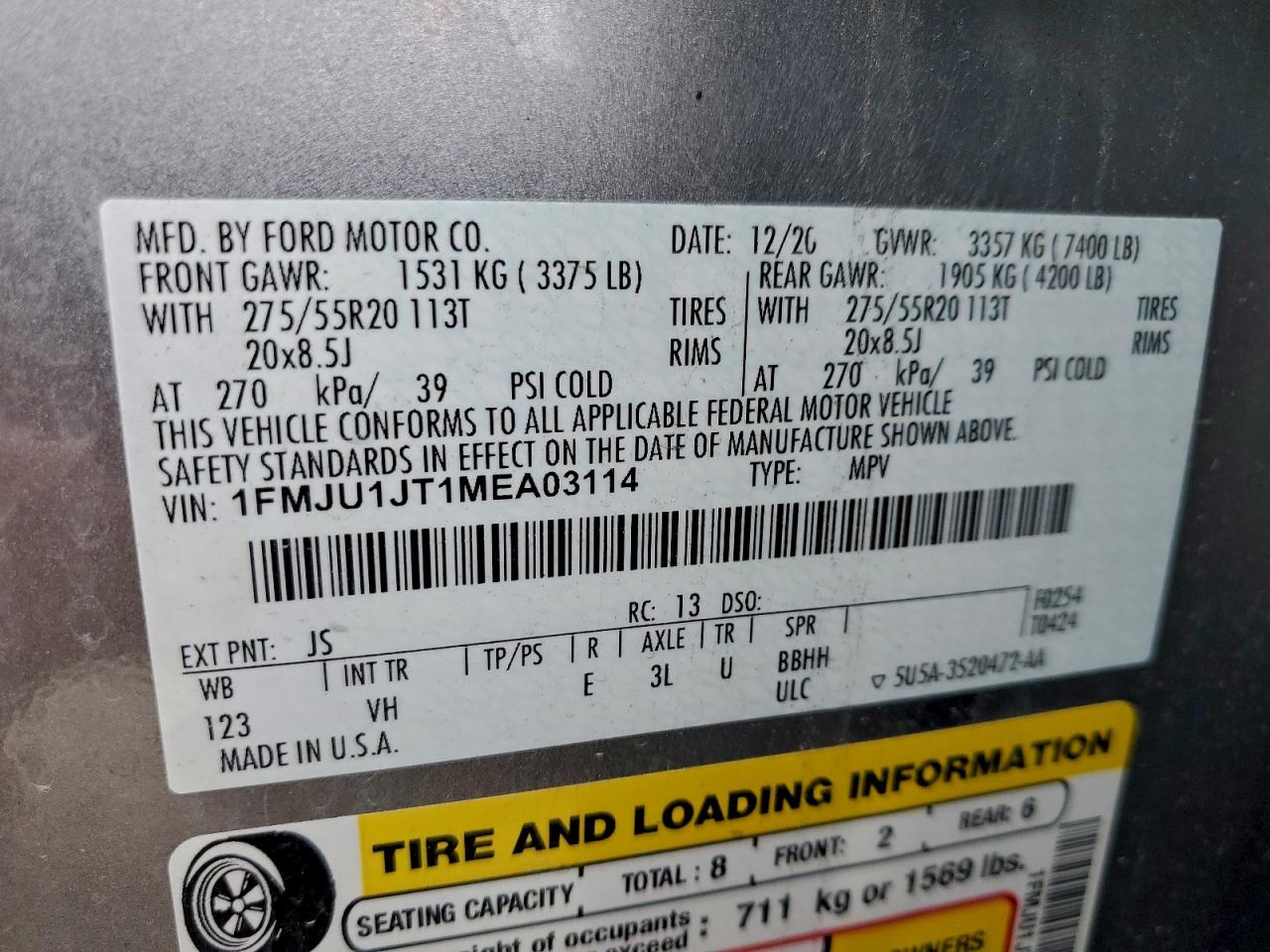 2021 Ford Expedition Xlt VIN: 1FMJU1JT1MEA03114 Lot: 93269355