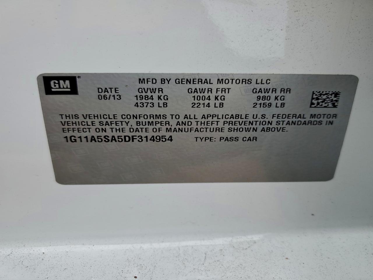 2013 Chevrolet Malibu Ls VIN: 1G11A5SA5DF314954 Lot: 94025175