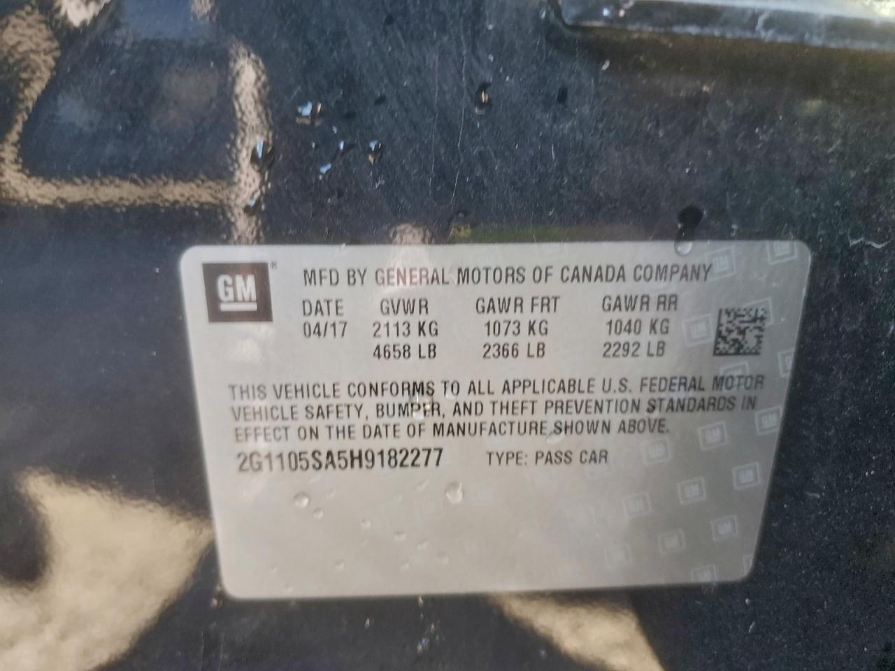 2017 Chevrolet Impala Lt VIN: 2G1105SA5H9182277 Lot: 93996335