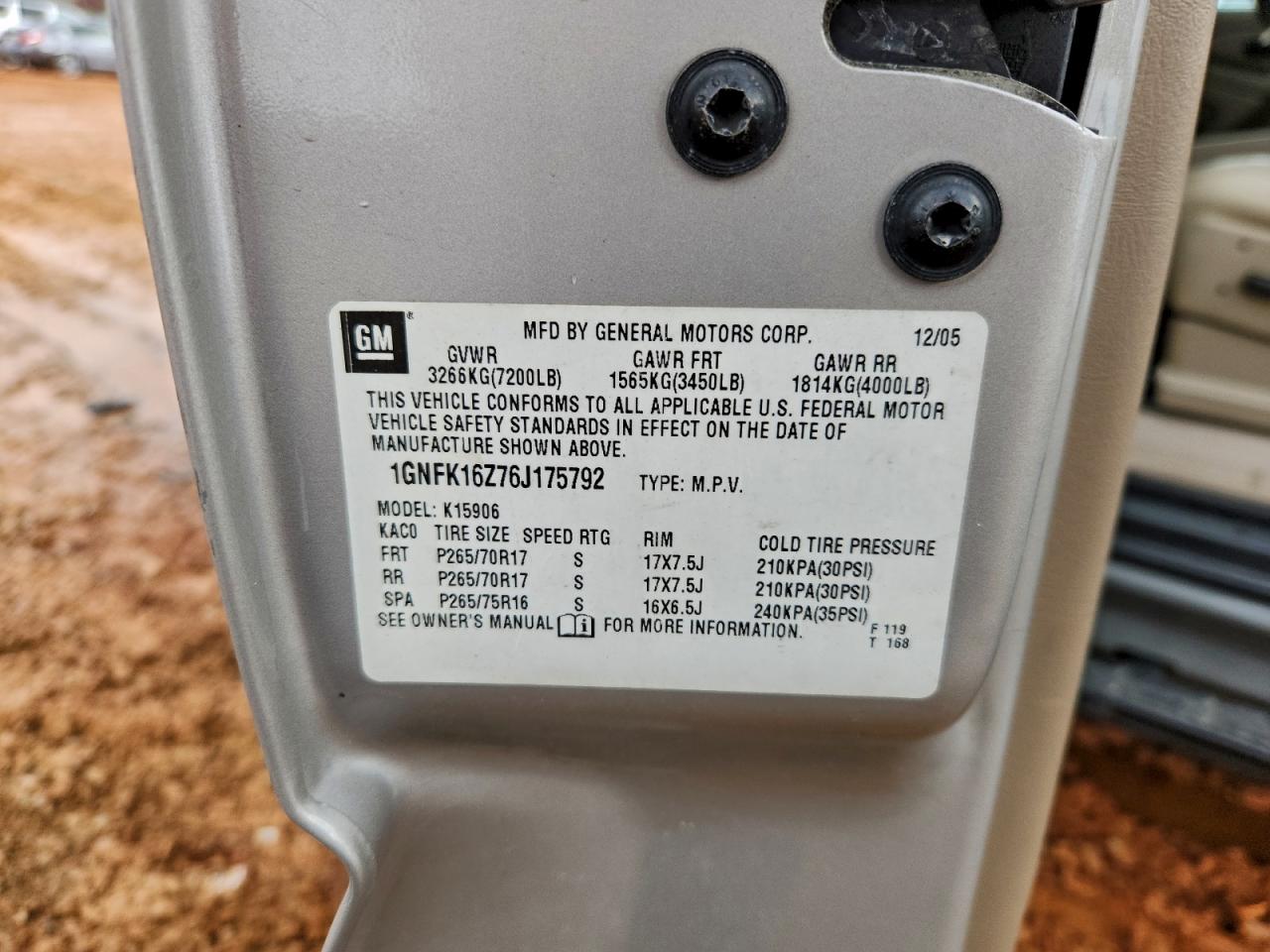 2006 Chevrolet Suburban K1500 VIN: 1GNFK16Z76J175792 Lot: 93962655