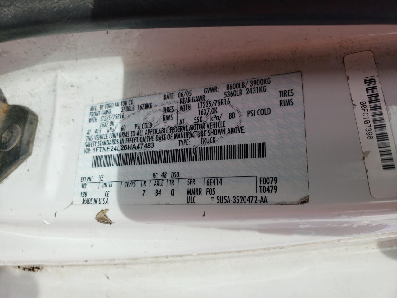 2006 Ford Econoline Cargo E-25 VIN: 1FTNE24L26HA47483 Lot: 92576155