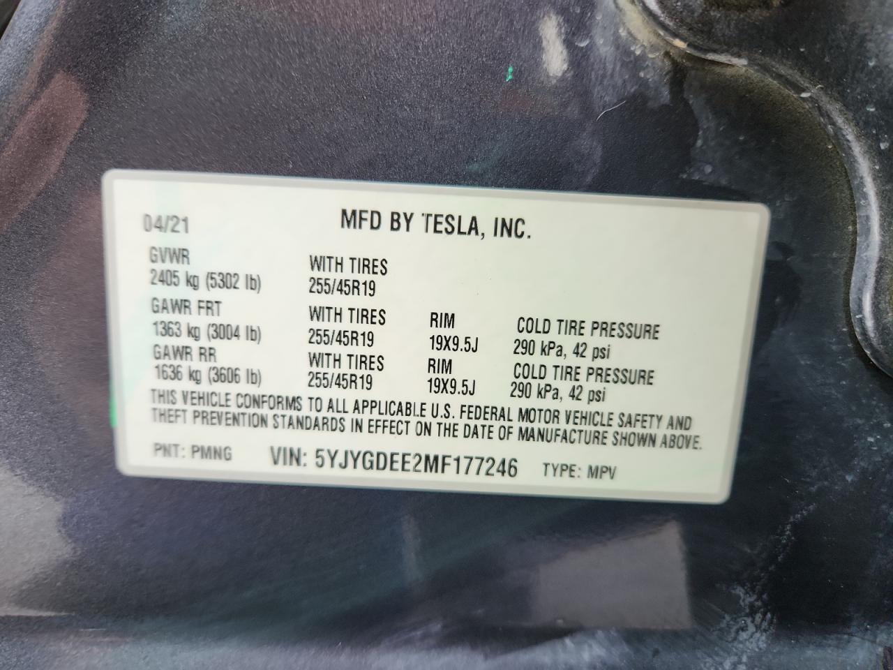 2021 Tesla Model Y VIN: 5YJYGDEE2MF177246 Lot: 93037895