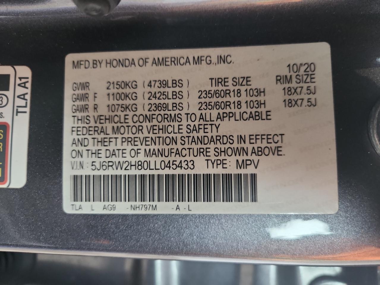 2020 Honda Cr-V Exl VIN: 5J6RW2H80LL045433 Lot: 93423485