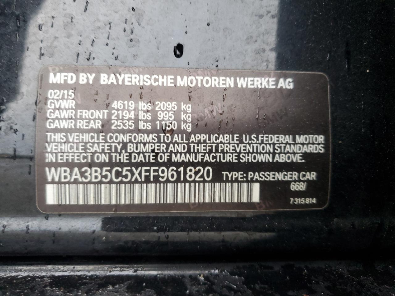 2015 BMW 328 Xi Sulev VIN: WBA3B5C5XFF961820 Lot: 91262445