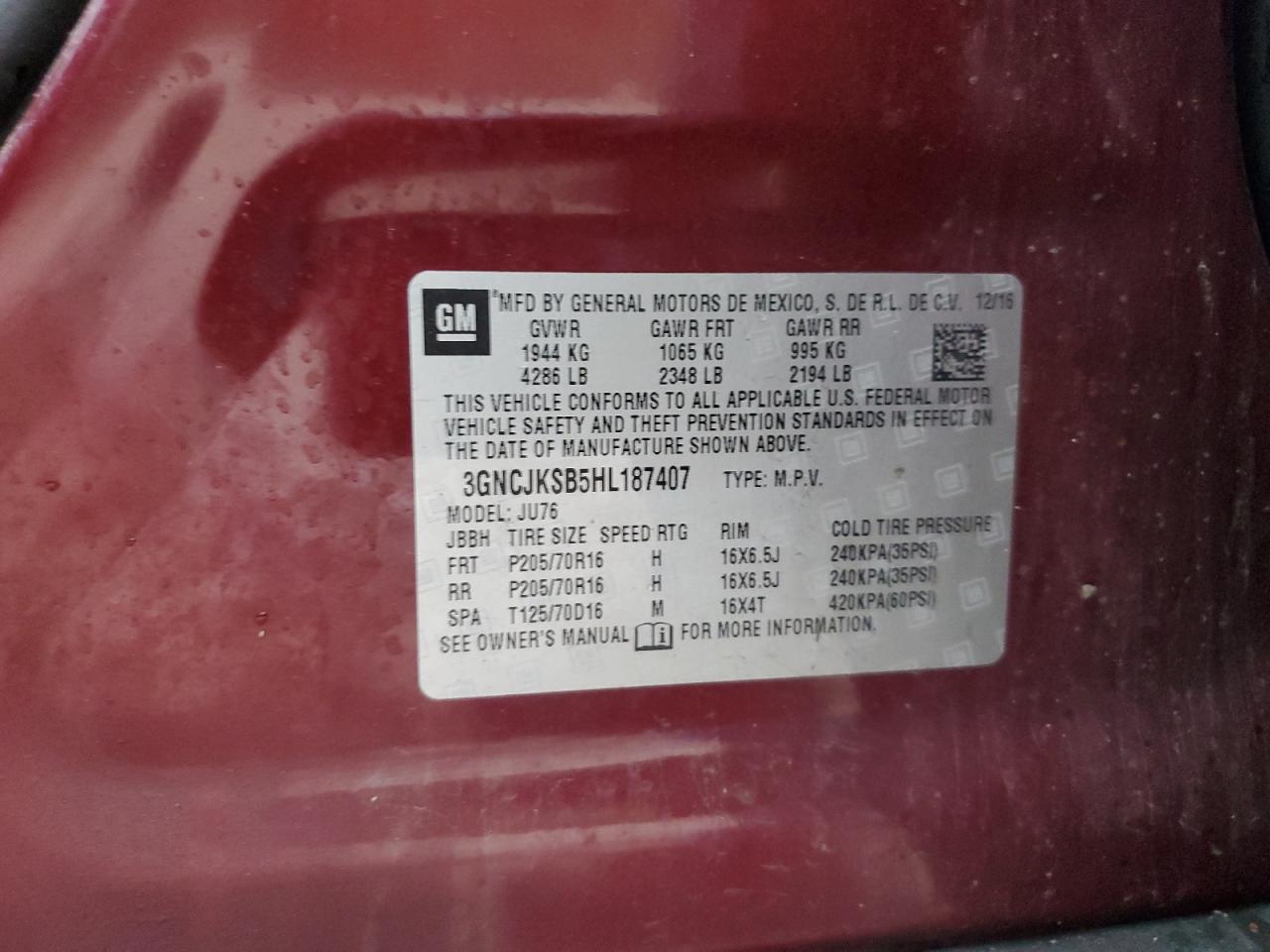 2017 Chevrolet Trax Ls VIN: 3GNCJKSB5HL187407 Lot: 91348665