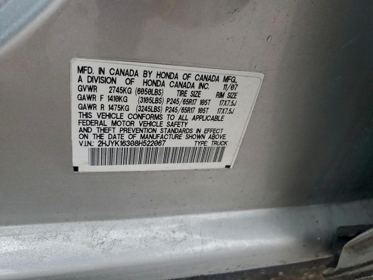 2008 Honda Ridgeline Rtx VIN: 2HJYK16308H522067 Lot: 94054735