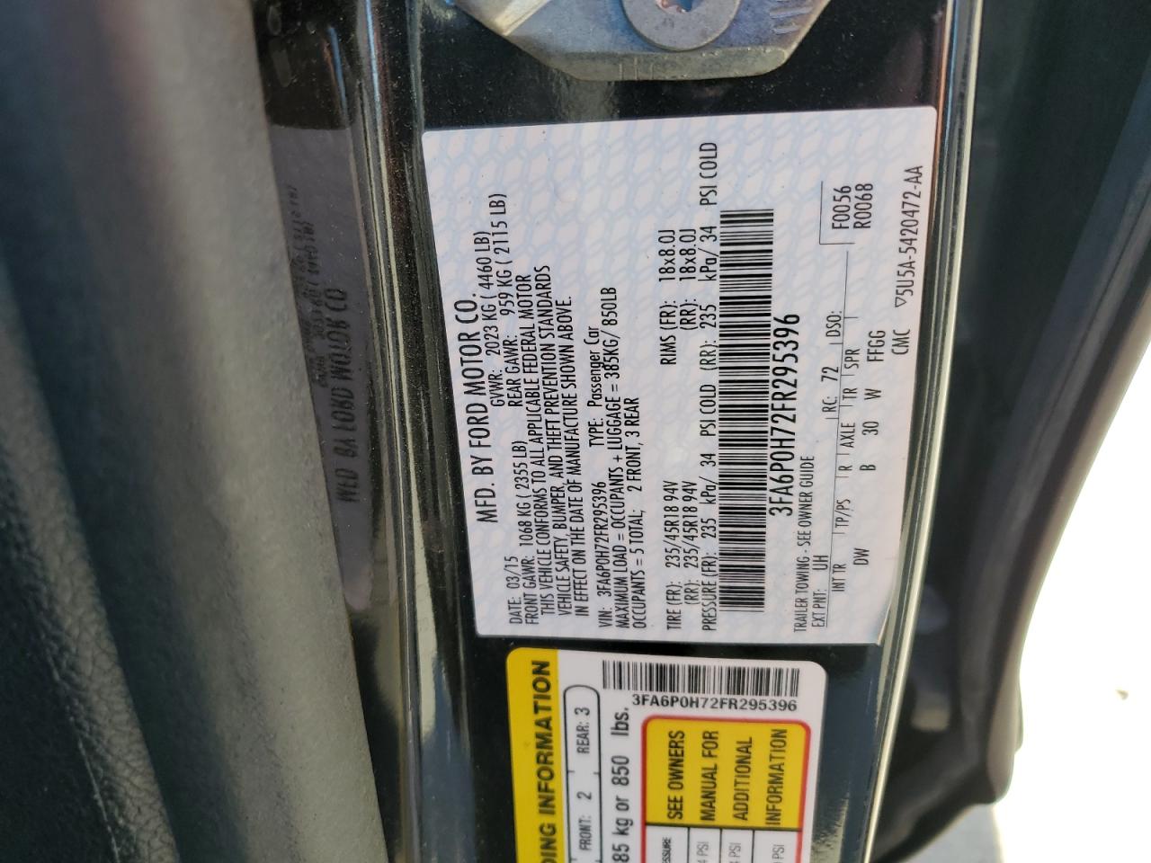 2015 Ford Fusion Se VIN: 3FA6P0H72FR295396 Lot: 91299435