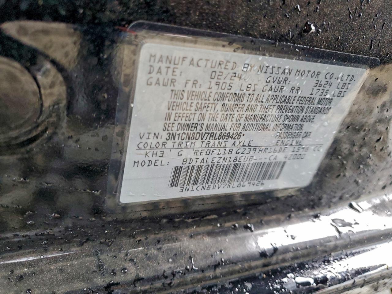 2024 Nissan Versa S VIN: 3N1CN8DV7RL869426 Lot: 94310725