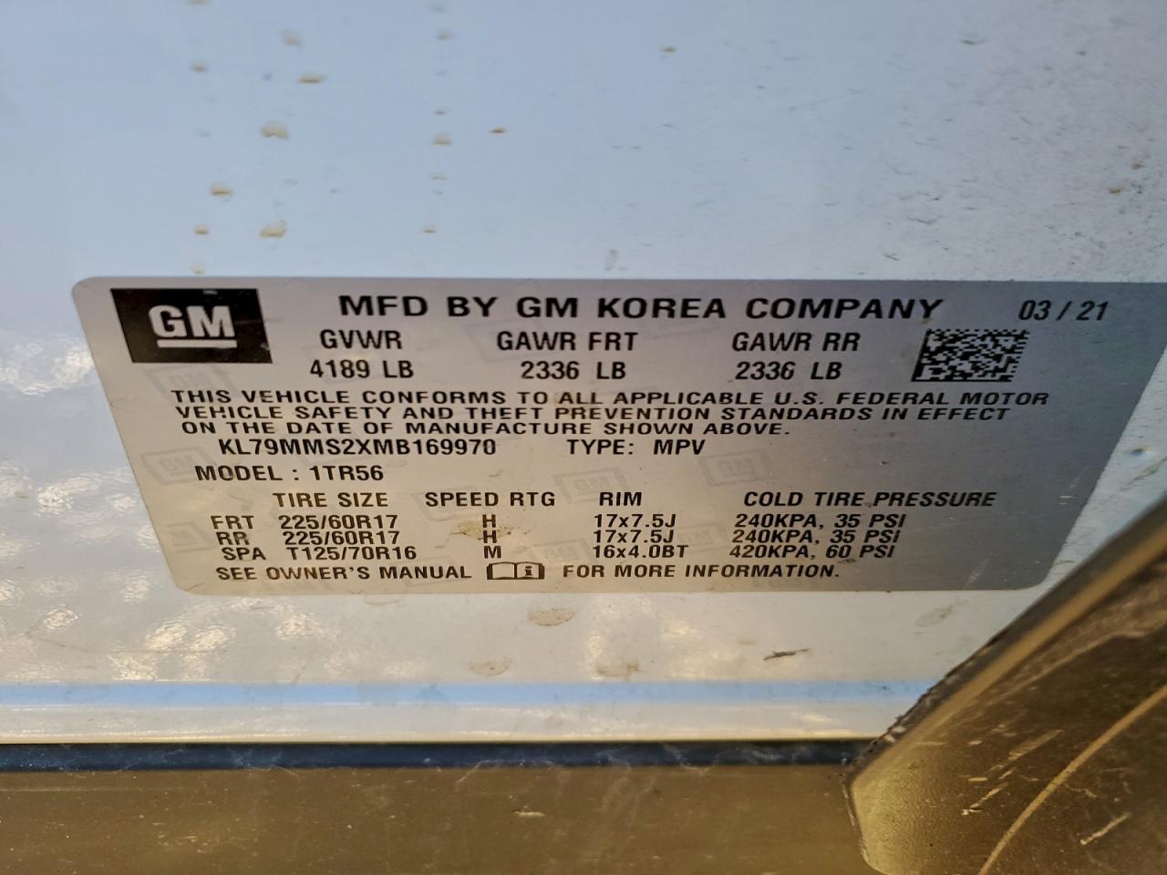 2021 Chevrolet Trailblazer Ls VIN: KL79MMS2XMB169970 Lot: 94906605