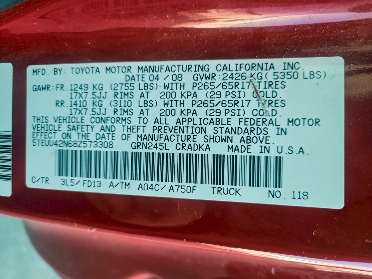 2008 Toyota Tacoma Access Cab VIN: 5TEUU42N68Z573308 Lot: 93735435