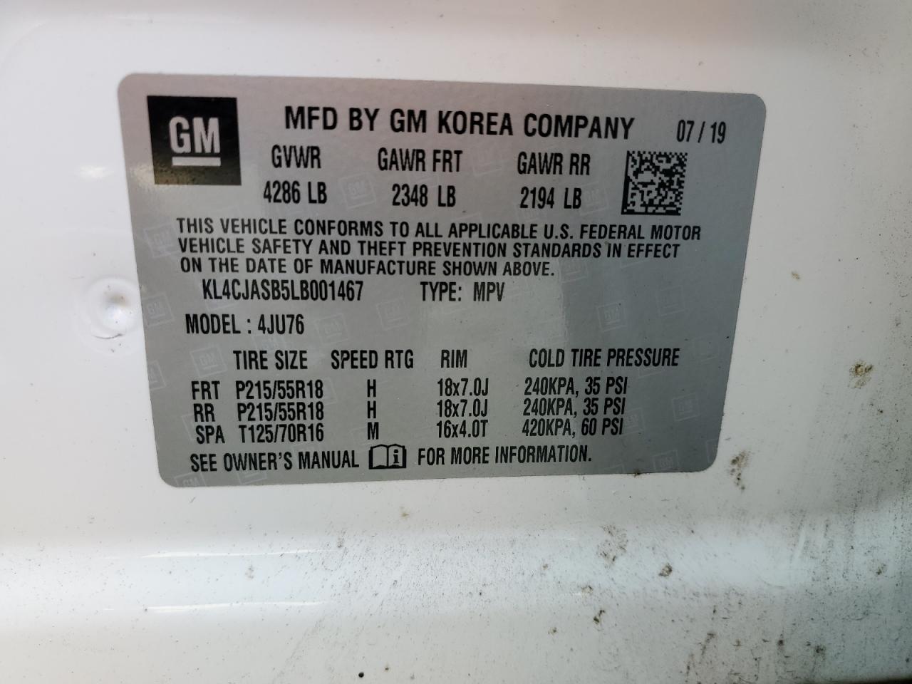 2020 Buick Encore Preferred VIN: KL4CJASB5LB001467 Lot: 90401305