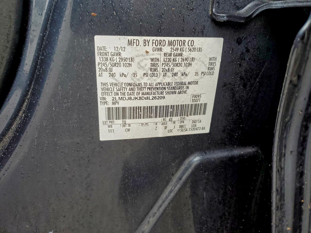 2013 Lincoln Mkx VIN: 2LMDJ8JK8DBL26209 Lot: 91639735