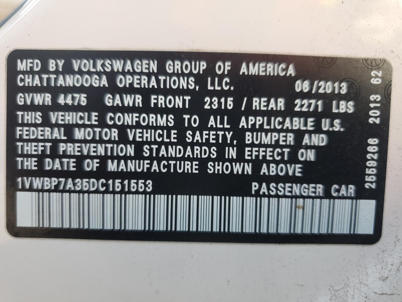 2013 Volkswagen Passat Se VIN: 1VWBP7A35DC151553 Lot: 93293675