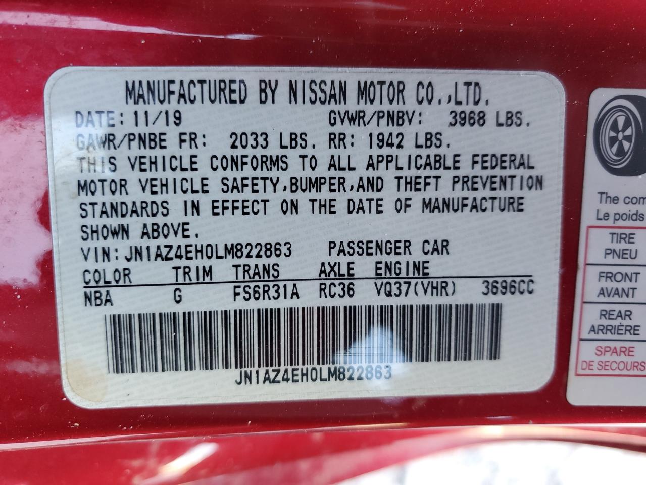 2020 Nissan 370Z Base VIN: JN1AZ4EH0LM822863 Lot: 92003095