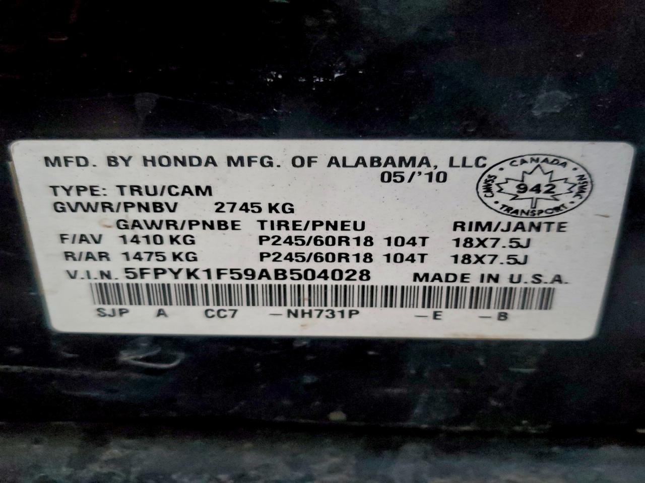 2010 Honda Ridgeline Rtl VIN: 5FPYK1F59AB504028 Lot: 93669265