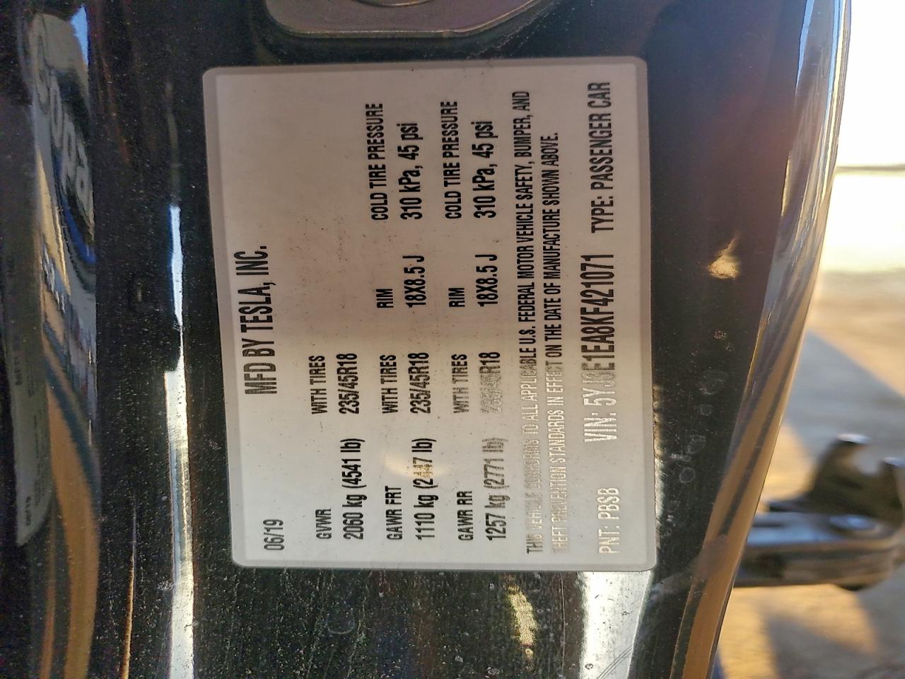 2019 Tesla Model 3 VIN: 5YJ3E1EA8KF421071 Lot: 94134065