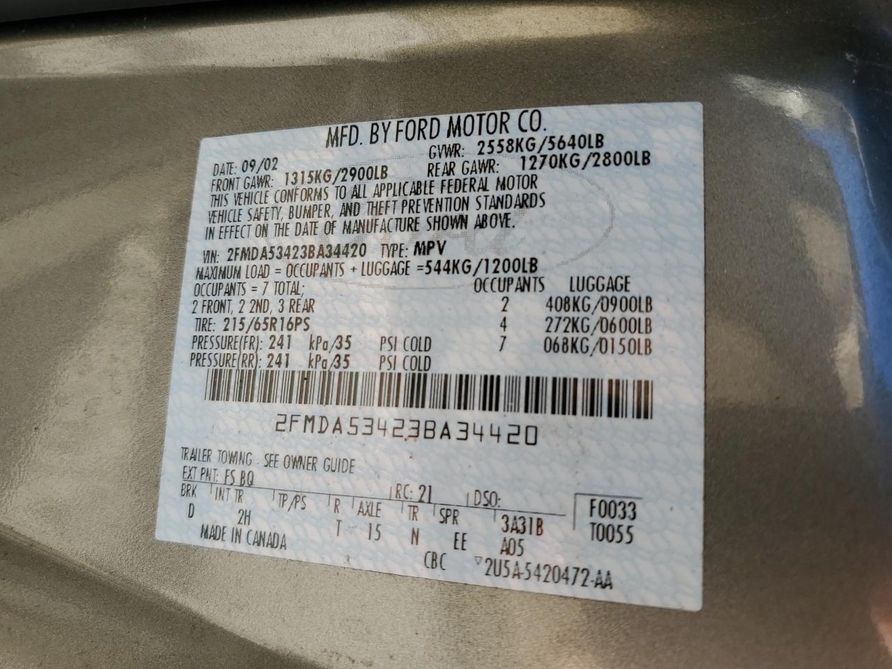 2003 Ford Windstar Sel VIN: 2FMDA53423BA34420 Lot: 91514615