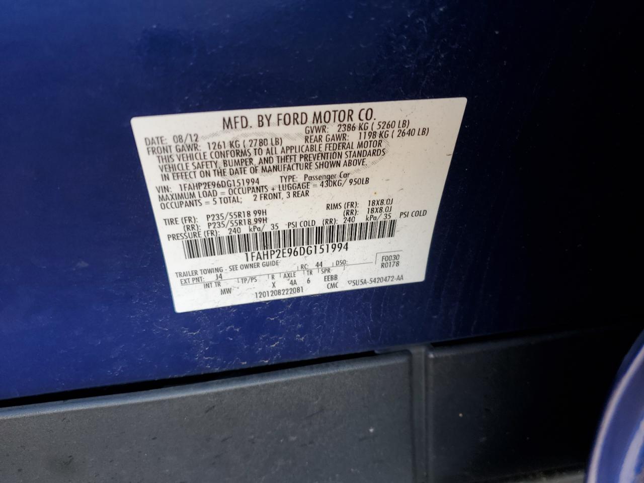 2013 Ford Taurus Sel VIN: 1FAHP2E96DG151994 Lot: 91459715