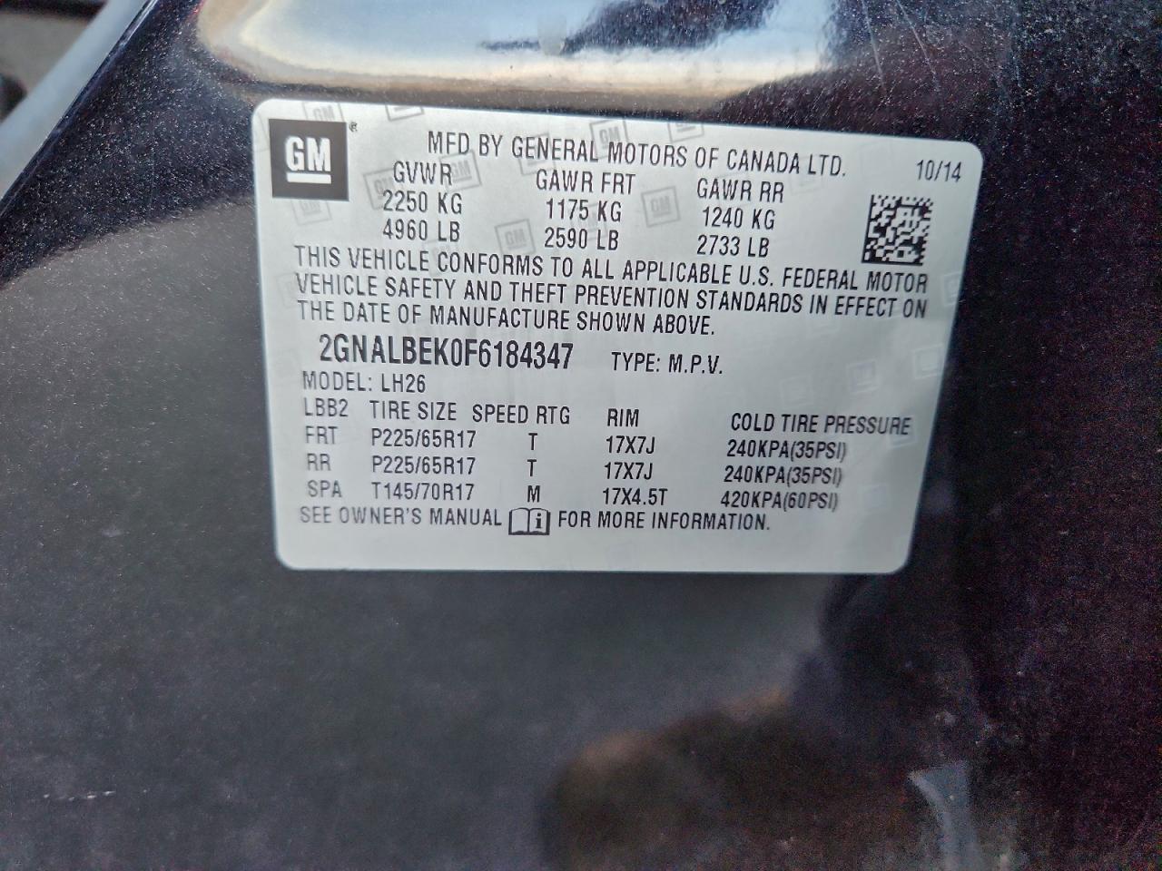 2015 Chevrolet Equinox Lt VIN: 2GNALBEK0F6184347 Lot: 93861885