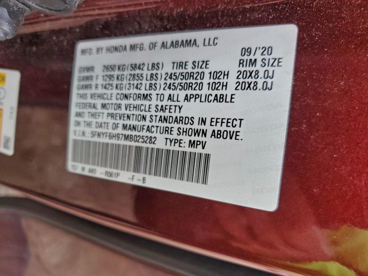 2021 Honda Pilot Touring VIN: 5FNYF6H97MB025282 Lot: 93763545