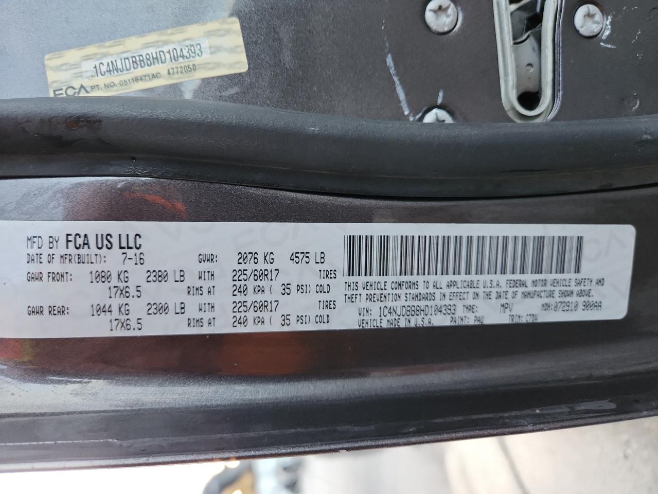 2017 Jeep Compass Sport VIN: 1C4NJDBB8HD104393 Lot: 92415005