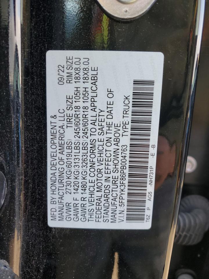 2023 Honda Ridgeline Black Edition VIN: 5FPYK3F86PB004763 Lot: 92373235