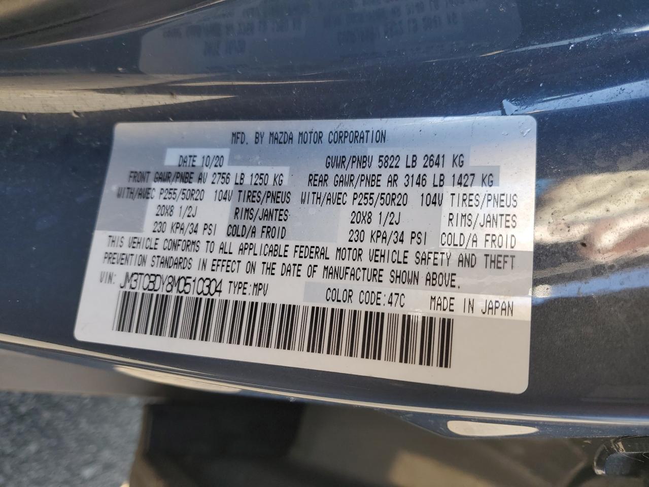 2021 Mazda Cx-9 Grand Touring VIN: JM3TCBDY8M0510304 Lot: 92950595