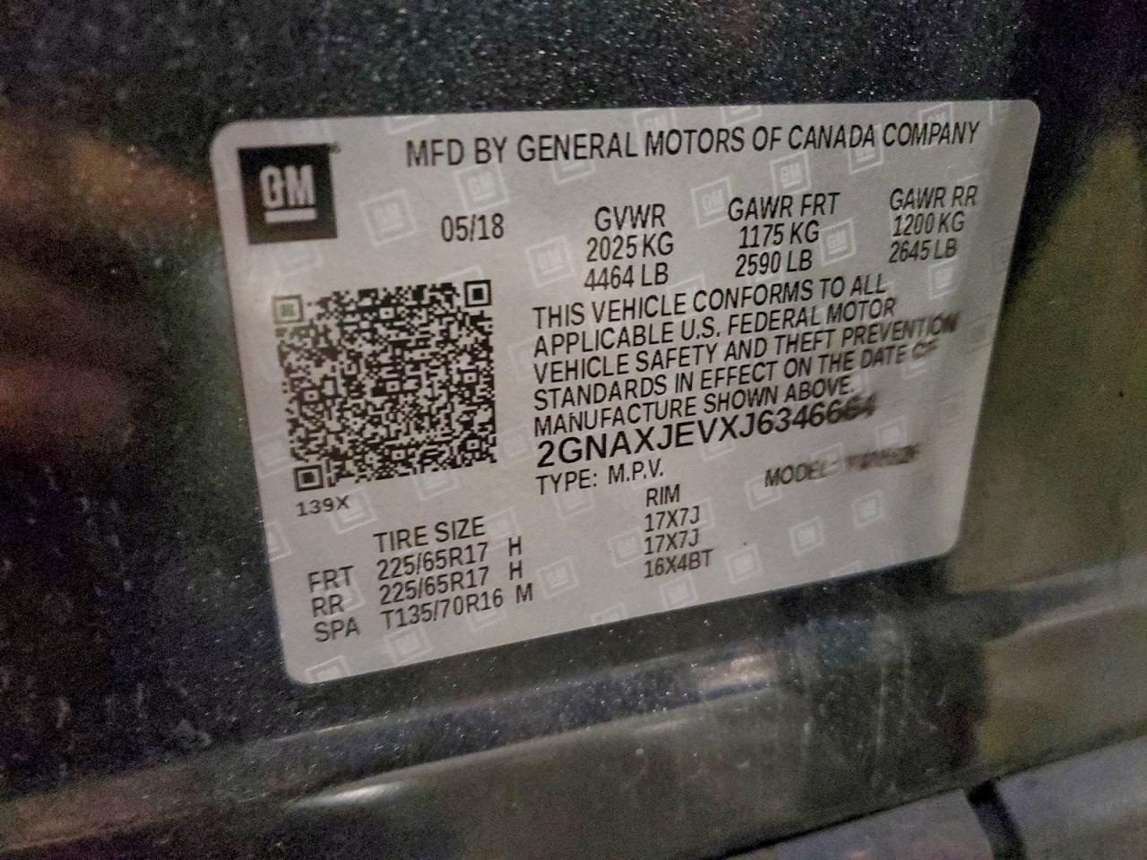 2018 Chevrolet Equinox Lt VIN: 2GNAXJEVXJ6346664 Lot: 93653845