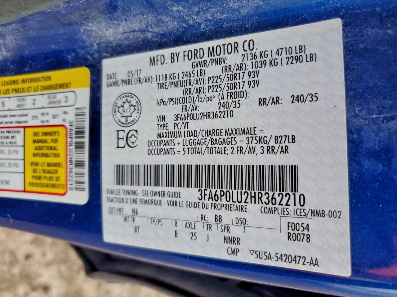 2017 Ford Fusion Se Hybrid VIN: 3FA6P0LU2HR362210 Lot: 93508905