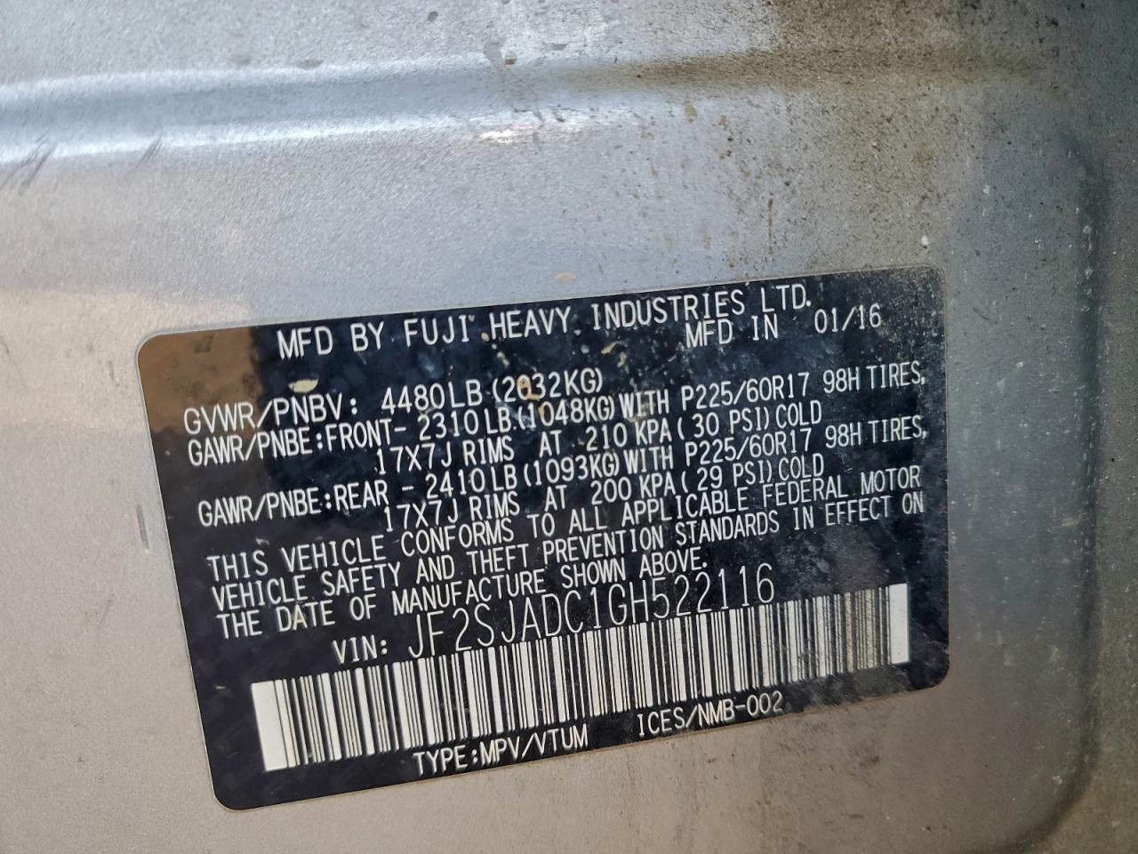 2016 Subaru Forester 2.5I Premium VIN: JF2SJADC1GH522116 Lot: 93529055