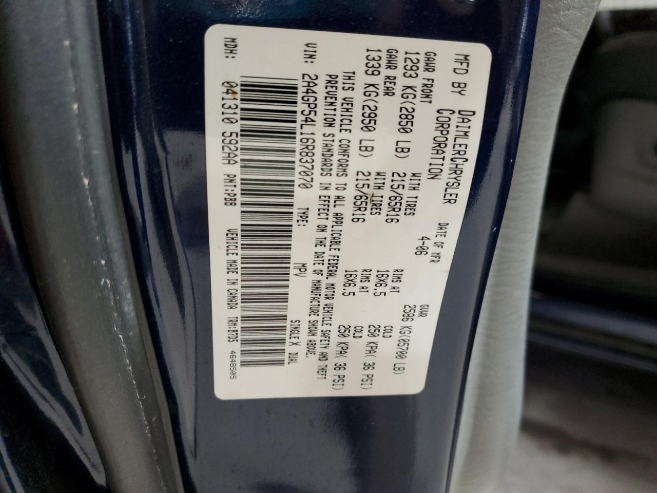 2006 Chrysler Town & Country Touring VIN: 2A4GP54L16R837070 Lot: 93349565