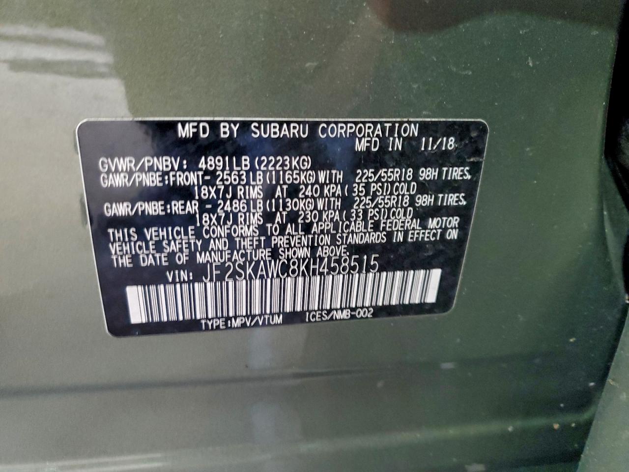 2019 Subaru Forester Touring VIN: JF2SKAWC8KH458515 Lot: 93680365