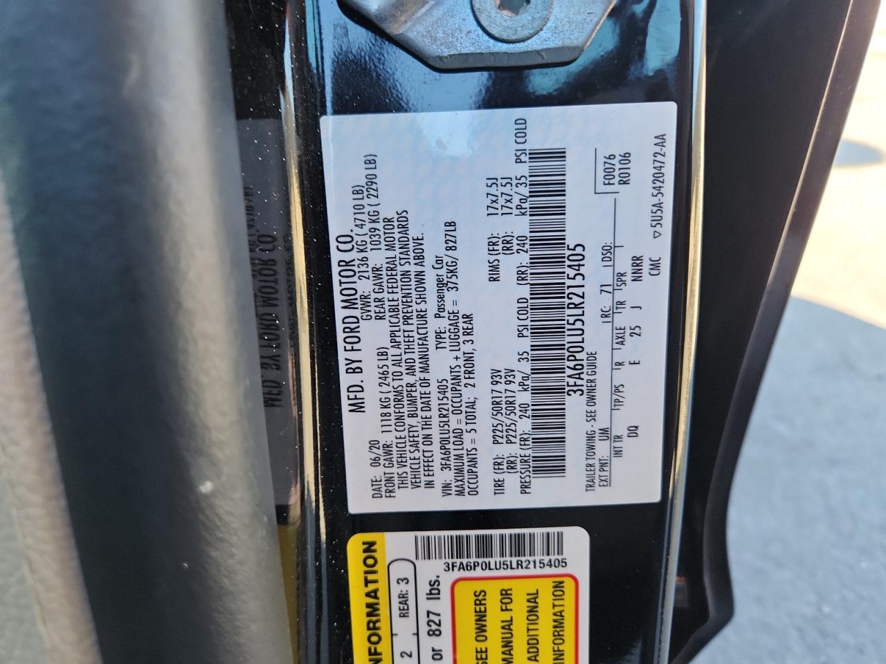 2020 Ford Fusion Se VIN: 3FA6P0LU5LR215405 Lot: 93619065