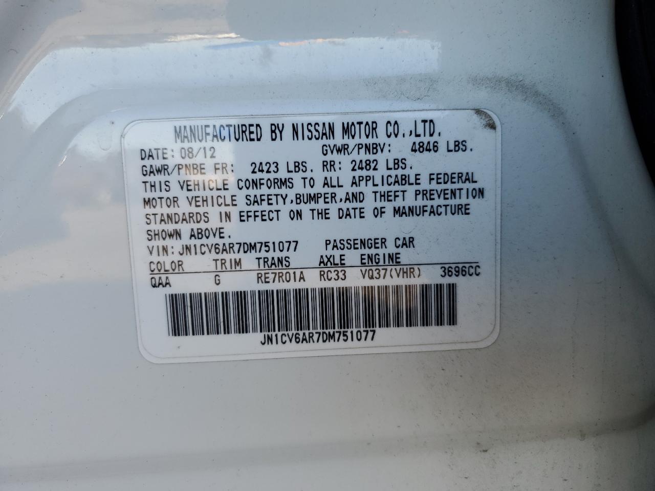 2013 Infiniti G37 VIN: JN1CV6AR7DM751077 Lot: 91719375