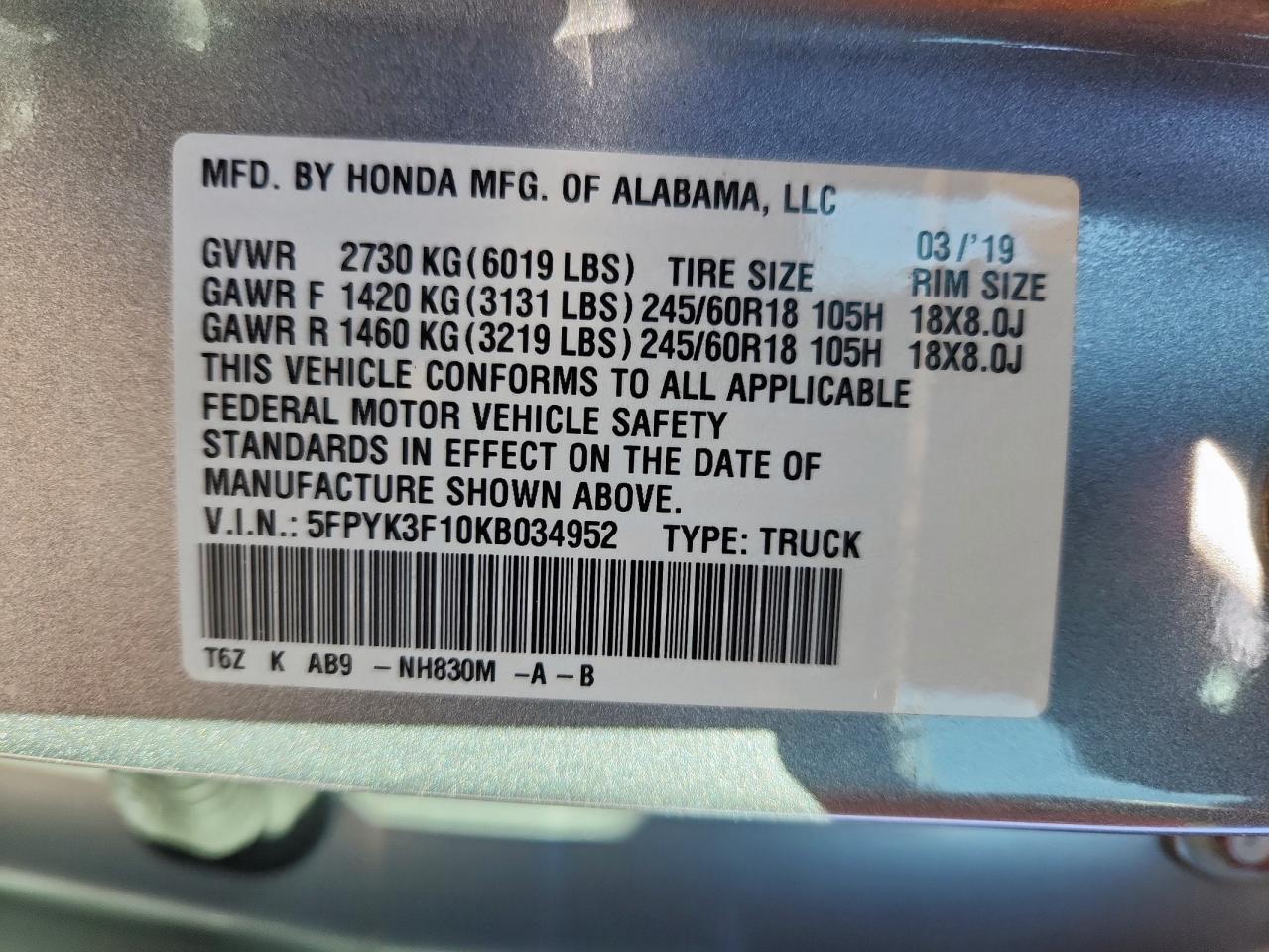 2019 Honda Ridgeline Sport VIN: 5FPYK3F10KB034952 Lot: 91094515