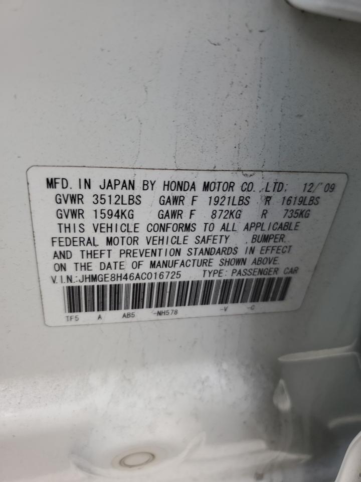 2010 Honda Fit Sport VIN: JHMGE8H46AC016725 Lot: 92313495