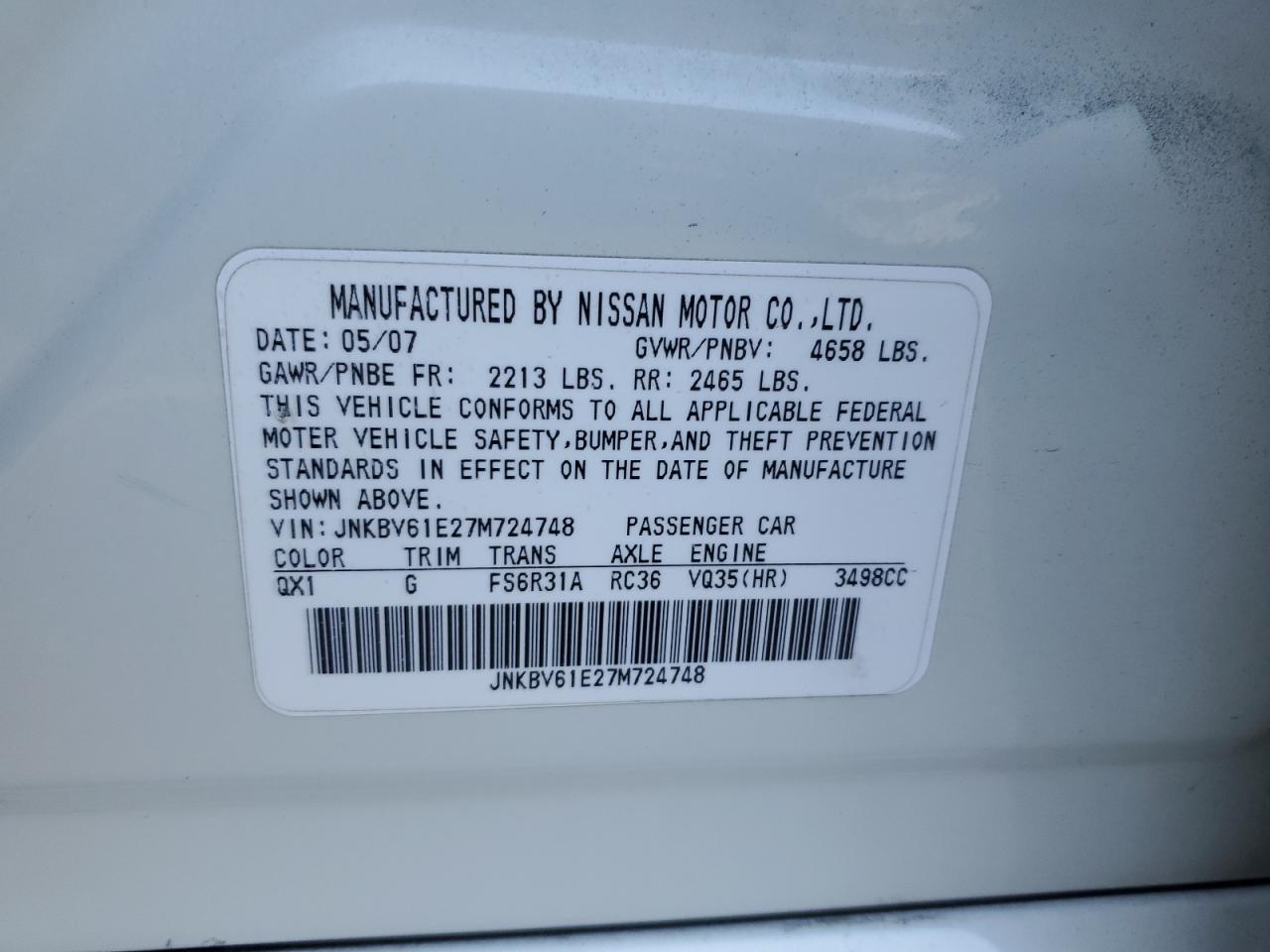 2007 Infiniti G35 VIN: JNKBV61E27M724748 Lot: 93137315