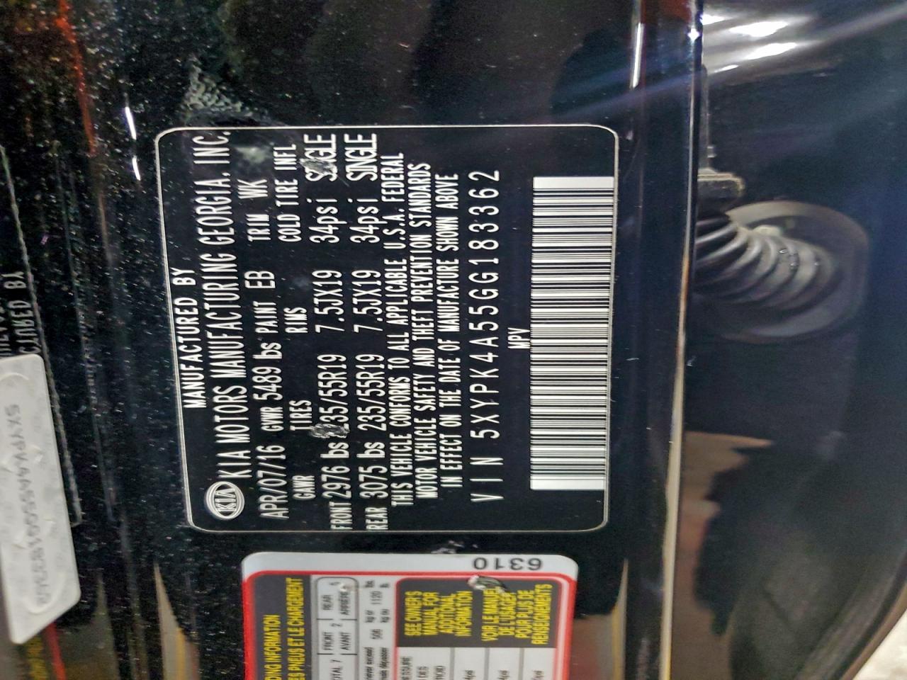 2016 Kia Sorento Sx VIN: 5XYPK4A55GG183362 Lot: 94629015