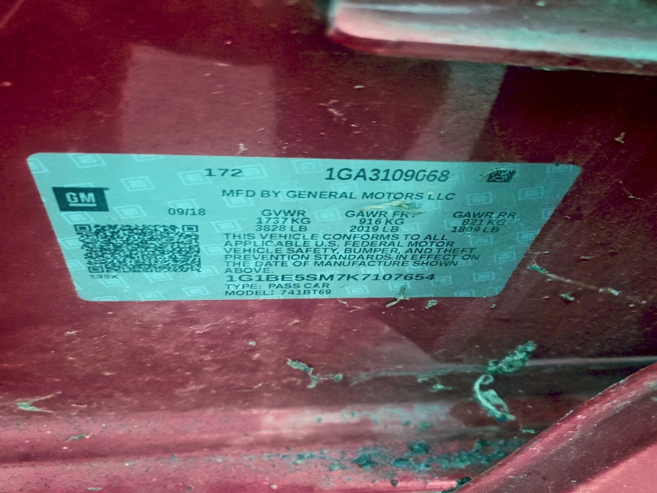 2019 Chevrolet Cruze Lt VIN: 1G1BE5SM7K7107654 Lot: 94427535