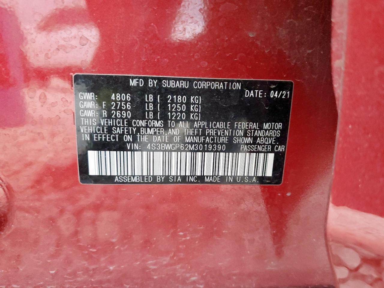 2021 Subaru Legacy Touring Xt VIN: 4S3BWGP62M3019390 Lot: 93596475