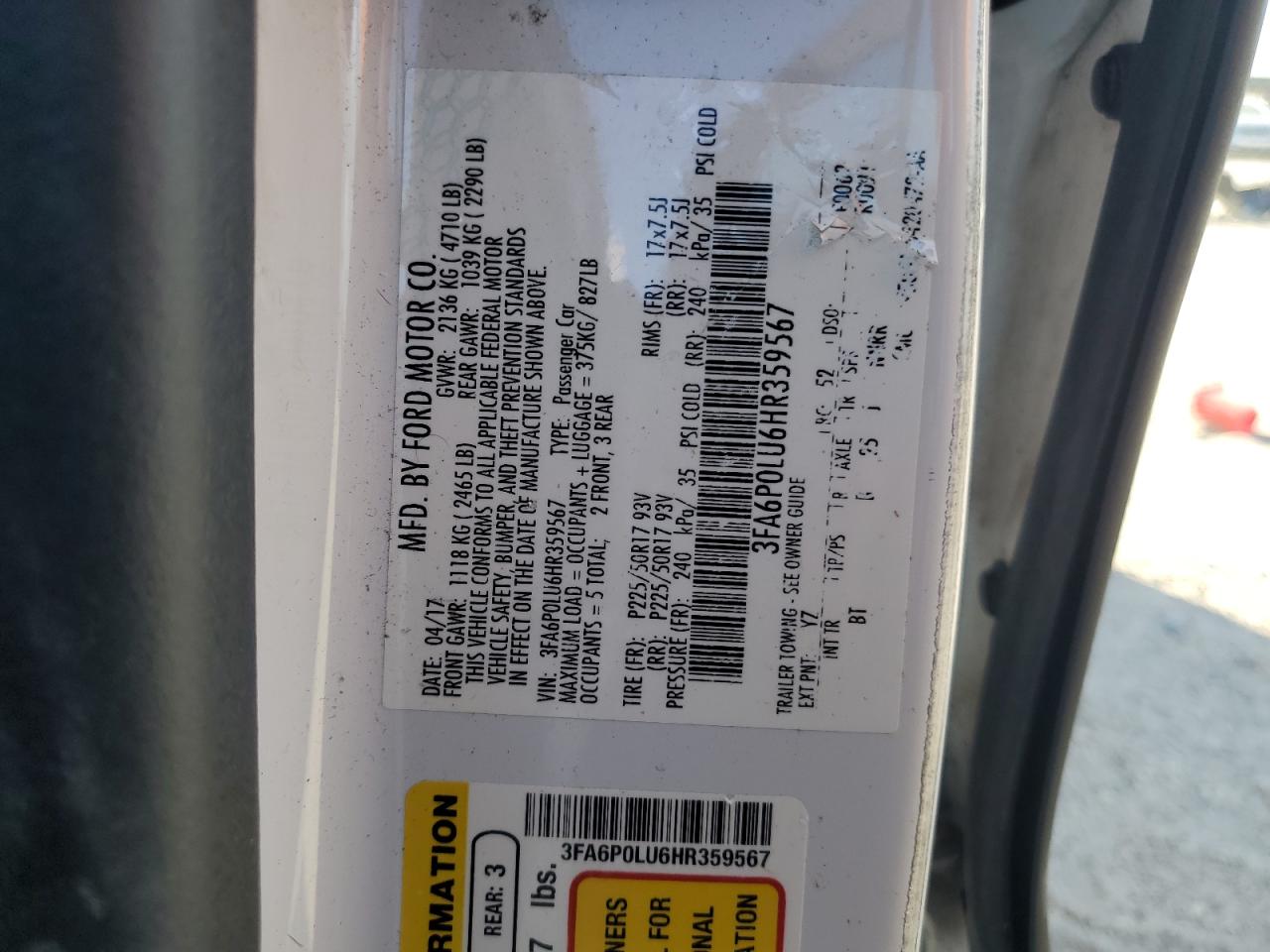 2017 Ford Fusion Se Hybrid VIN: 3FA6P0LU6HR359567 Lot: 56828875