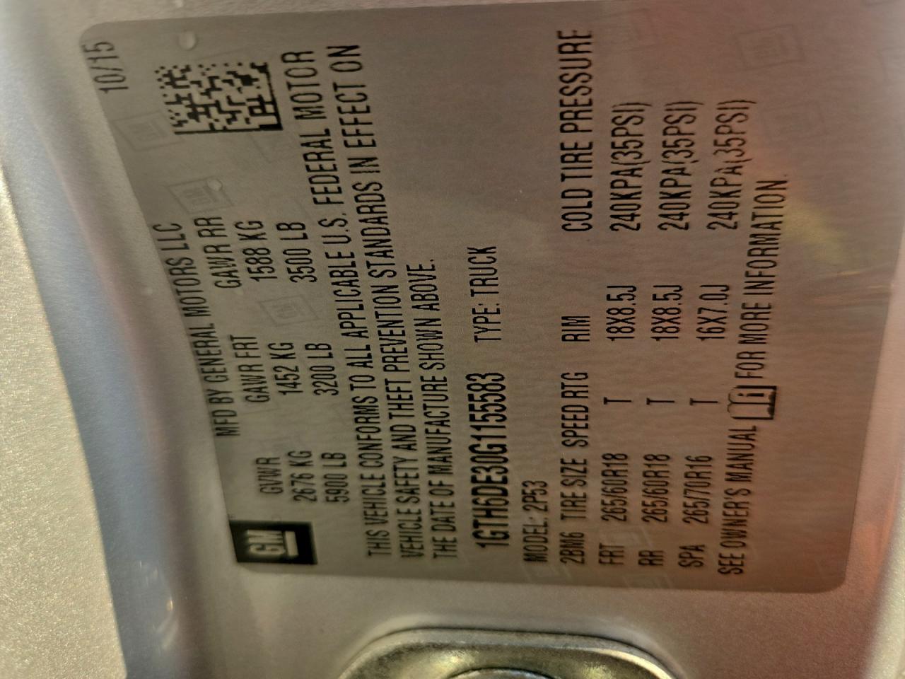 2016 GMC Canyon Slt VIN: 1GTH6DE30G1155583 Lot: 93863885