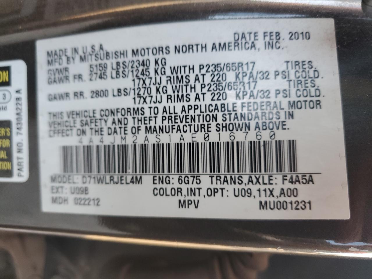 2010 Mitsubishi Endeavor Ls VIN: 4A4JM2AS1AE016760 Lot: 92284545