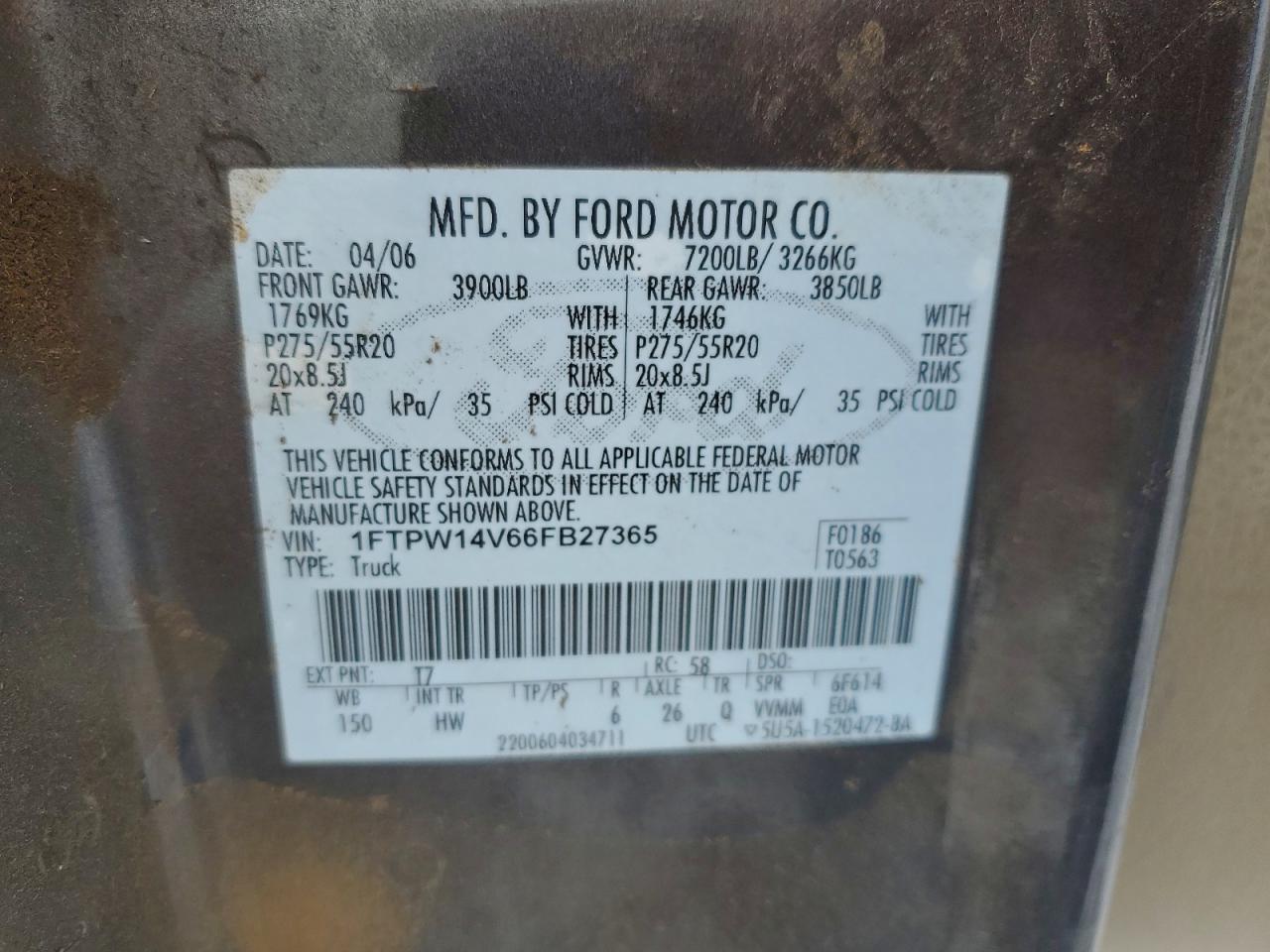 2006 Ford F150 Supercrew VIN: 1FTPW14V66FB27365 Lot: 93620485