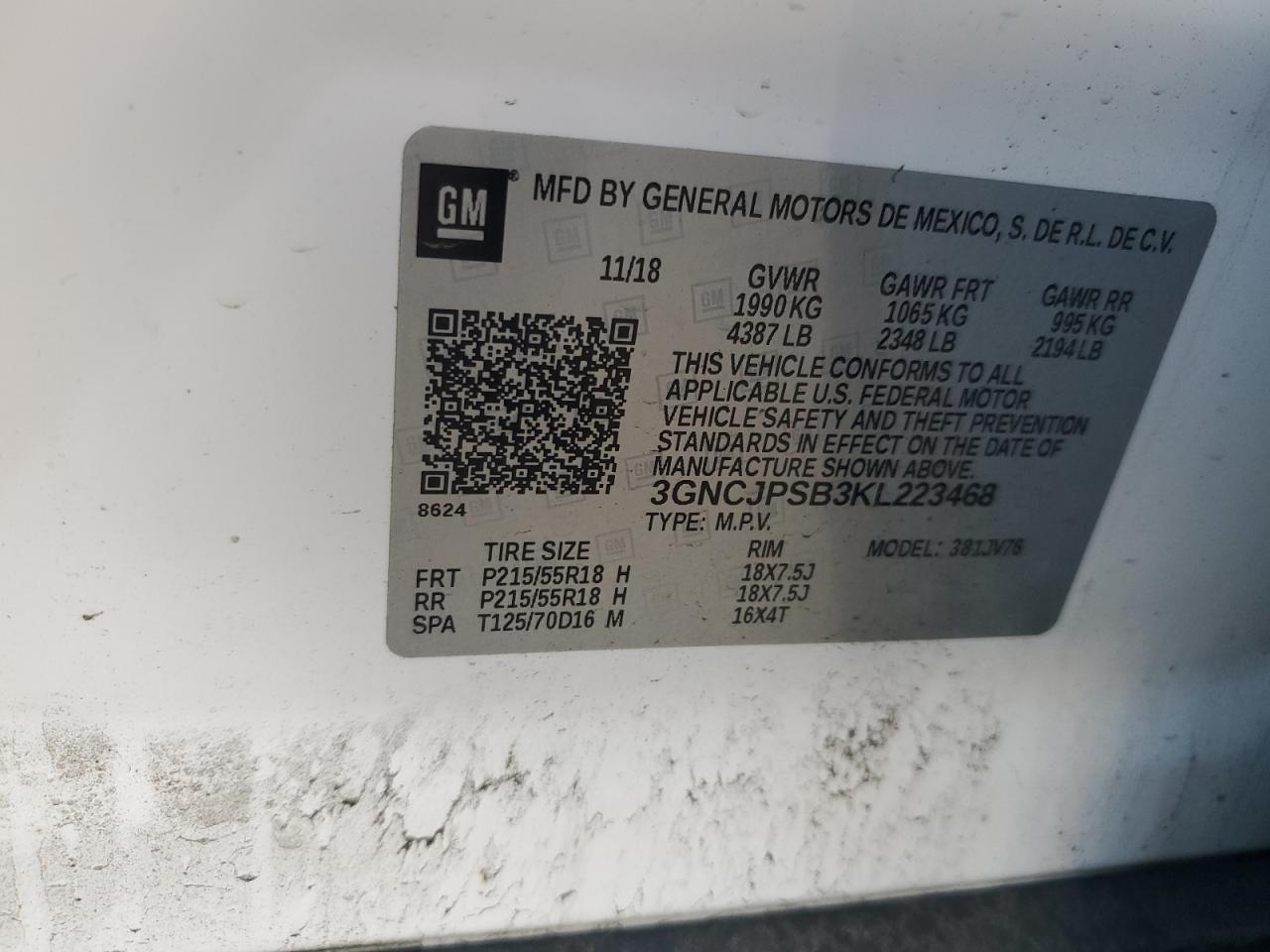 2019 Chevrolet Trax 1Lt VIN: 3GNCJPSB3KL223468 Lot: 91175775